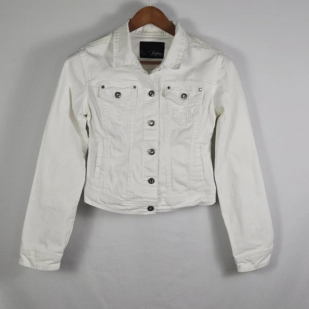 Daytrip White Denim Jacket M Rhinestone Lace Back Trucker Western Glam Coquette